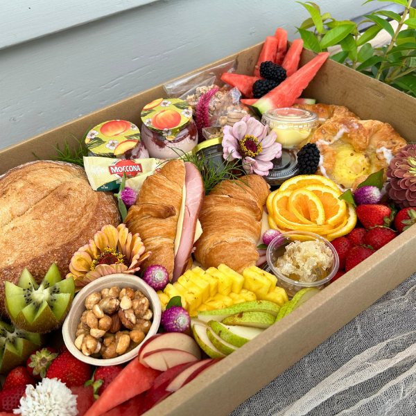 Luxe Breakfast Board for Two, including two fresh ham and cheese Croissants & Danish pastries