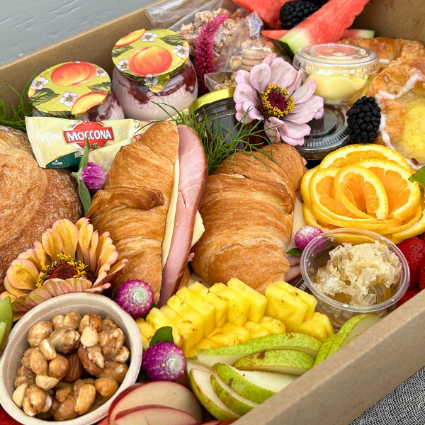 Luxe Breakfast Board for Two, including two fresh ham and cheese Croissants & Danish pastries